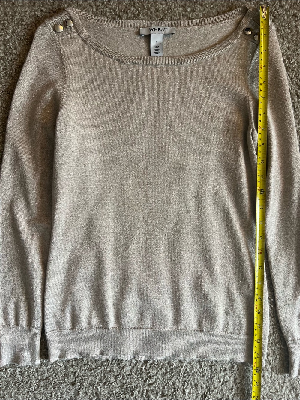 White House Black Market Metallic Beige Boat Neck Sweater with Shoulder Buttons
